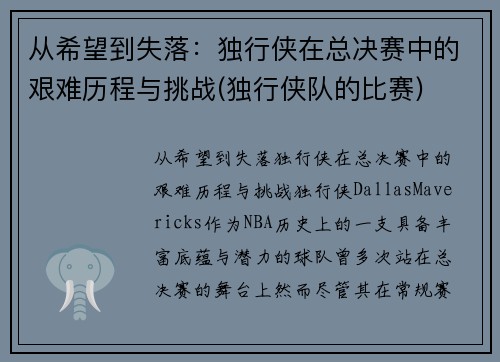 从希望到失落：独行侠在总决赛中的艰难历程与挑战(独行侠队的比赛)