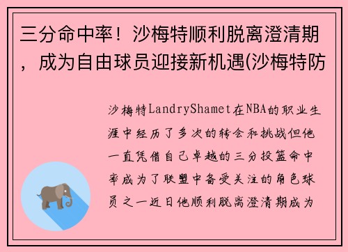 三分命中率！沙梅特顺利脱离澄清期，成为自由球员迎接新机遇(沙梅特防守怎么样)