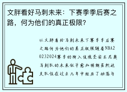 文胖看好马刺未来：下赛季季后赛之路，何为他们的真正极限？