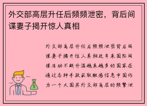 外交部高层升任后频频泄密，背后间谍妻子揭开惊人真相