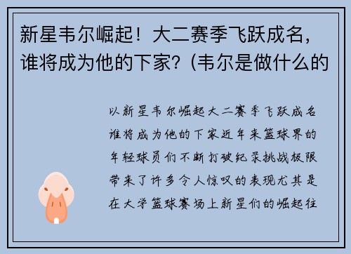 新星韦尔崛起！大二赛季飞跃成名，谁将成为他的下家？(韦尔是做什么的)