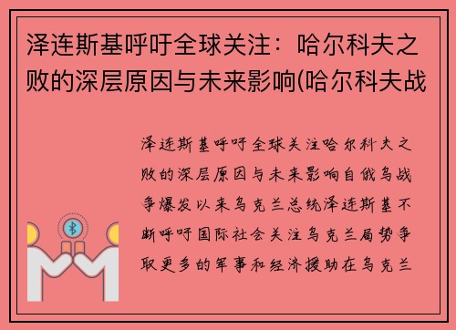 泽连斯基呼吁全球关注：哈尔科夫之败的深层原因与未来影响(哈尔科夫战役苏军伤亡)