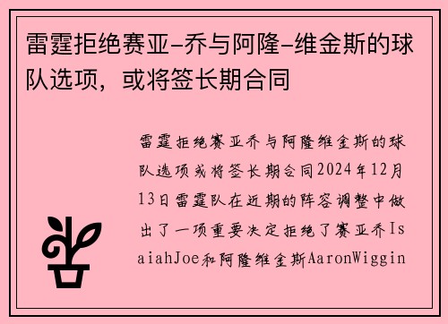 雷霆拒绝赛亚-乔与阿隆-维金斯的球队选项，或将签长期合同