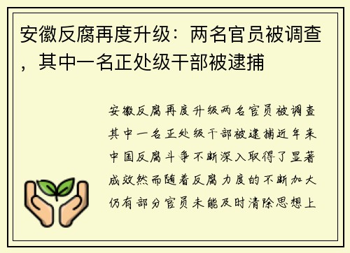 安徽反腐再度升级：两名官员被调查，其中一名正处级干部被逮捕