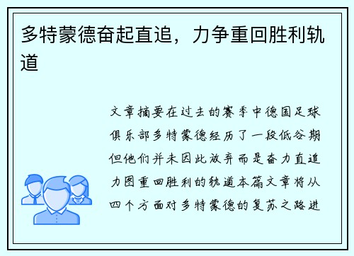 多特蒙德奋起直追，力争重回胜利轨道