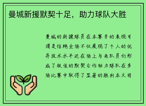 曼城新援默契十足，助力球队大胜