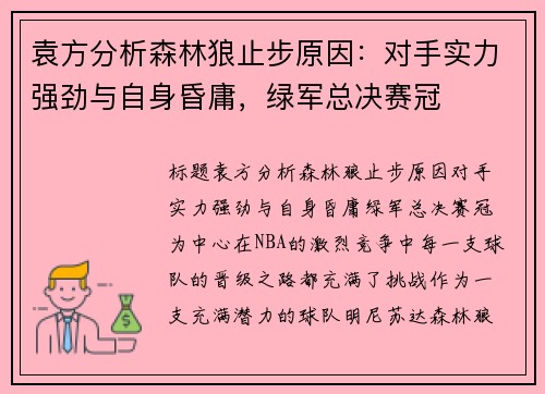 袁方分析森林狼止步原因：对手实力强劲与自身昏庸，绿军总决赛冠