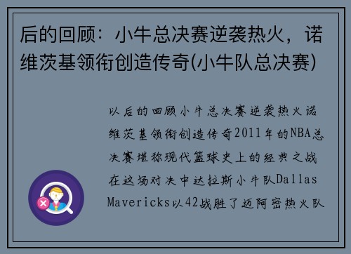 后的回顾：小牛总决赛逆袭热火，诺维茨基领衔创造传奇(小牛队总决赛)