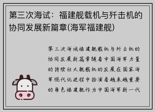 第三次海试：福建舰载机与歼击机的协同发展新篇章(海军福建舰)