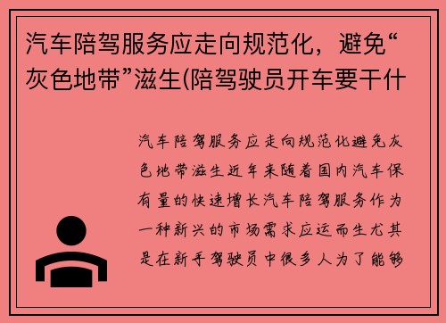 汽车陪驾服务应走向规范化，避免“灰色地带”滋生(陪驾驶员开车要干什么)